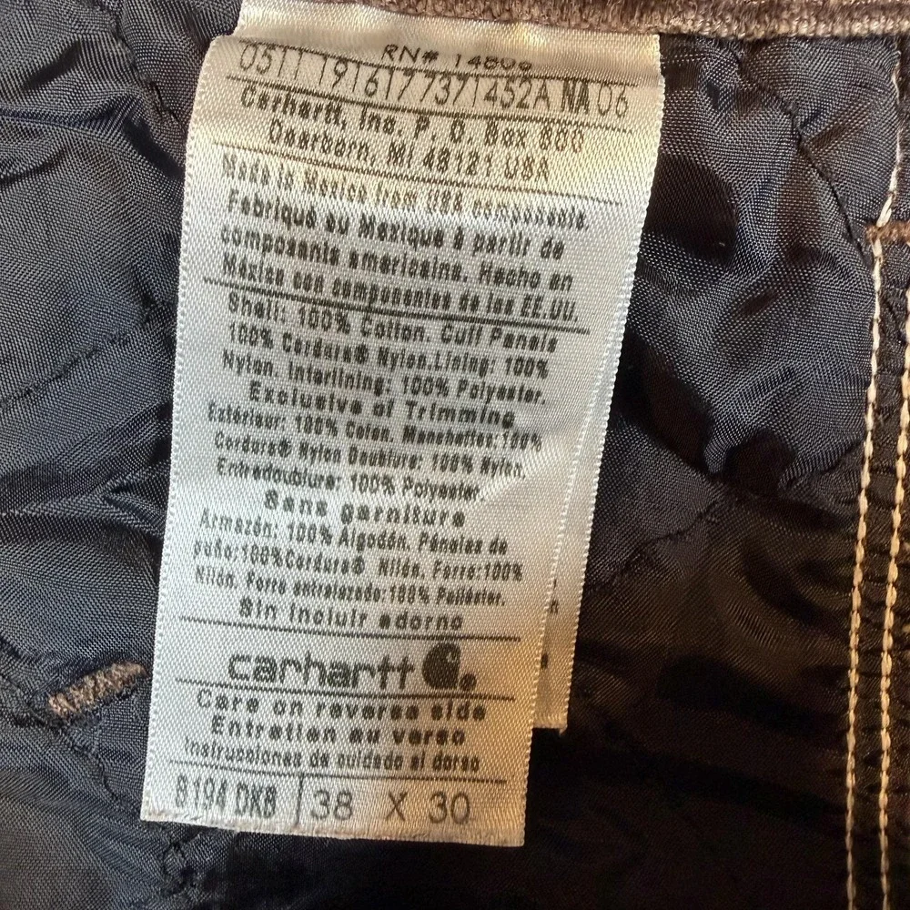 VTG Carhartt B194 Duck Canvas Double Knee Pants 38 Brown Quilted Insulated 38x30
